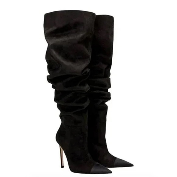 NWOT Good American Black Suede Slouchy Over the Knee Boots Thigh High Heel 8.5M - Picture 1 of 8